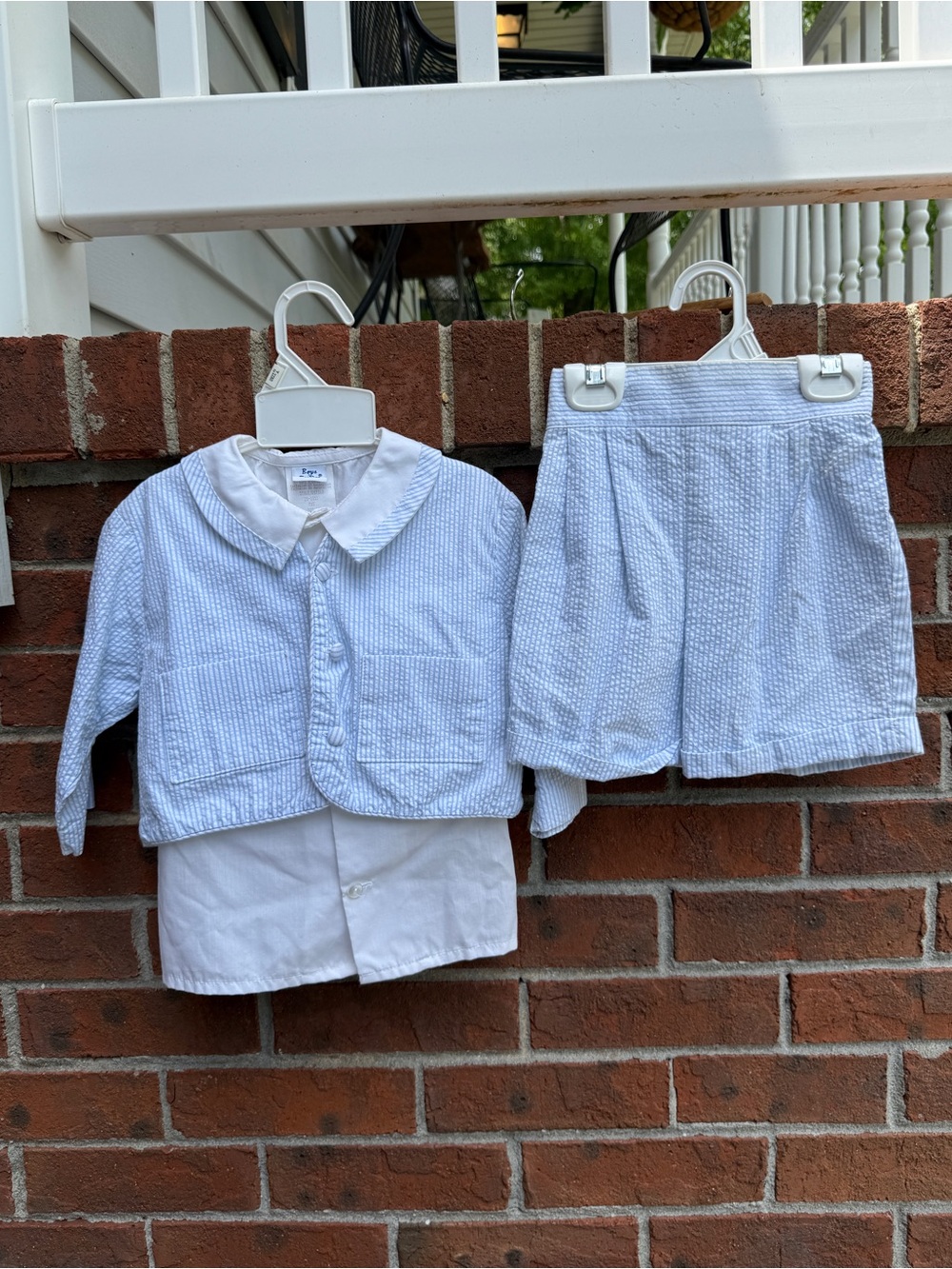 Vintage 90s Boys N Berries Seersucker Blue Shorts Suit Top Set Size 24 Months